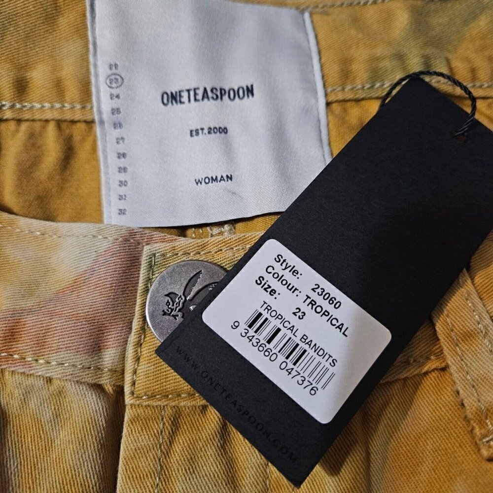New One Teaspoon Tropical Bandits Shorts Womens 23 Mid Waist Denim Yellow - Picture 6 of 6